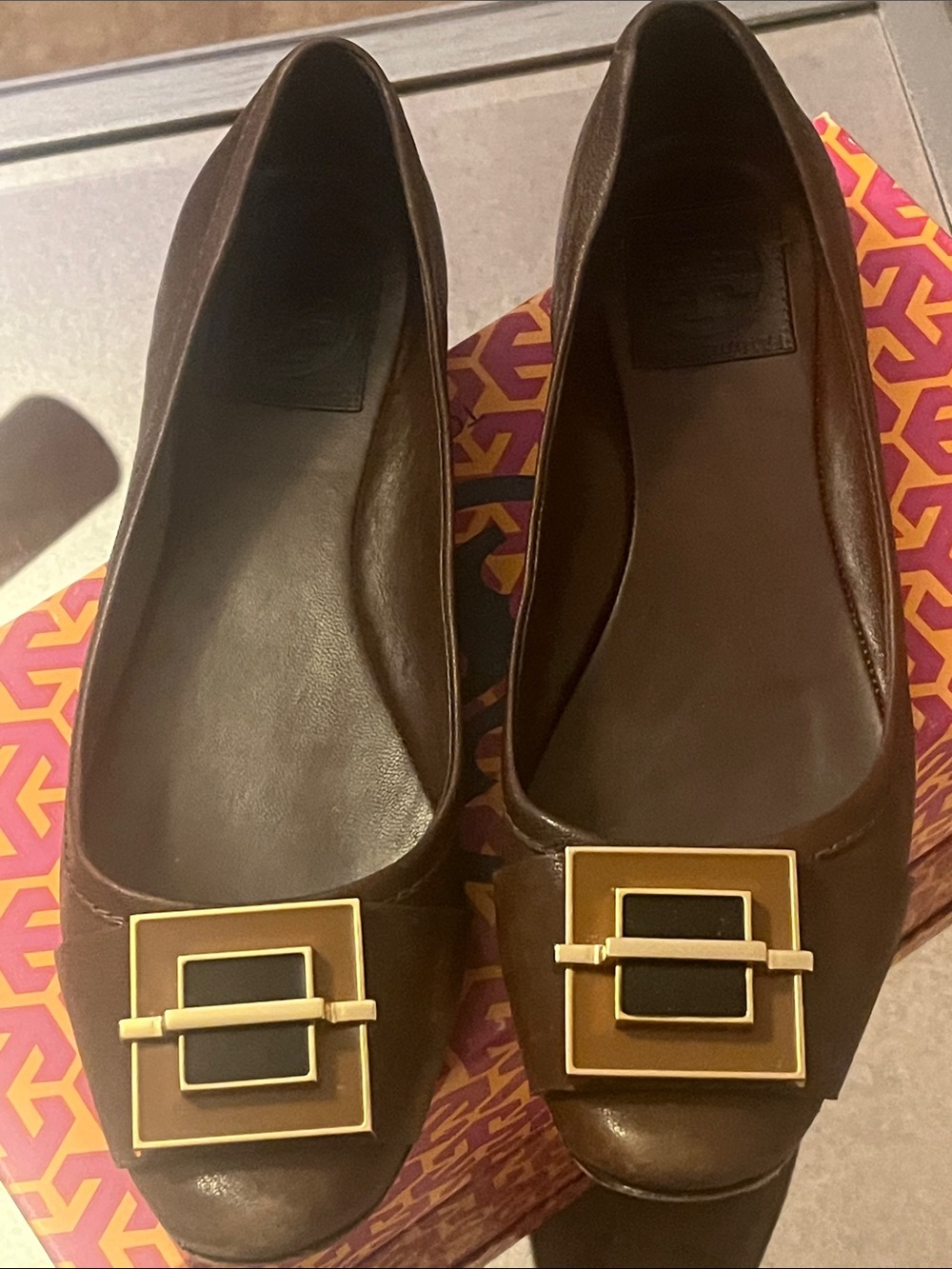 Vintage Tory Burch Brown Leather Ballet Flats with Gold Square Buckle